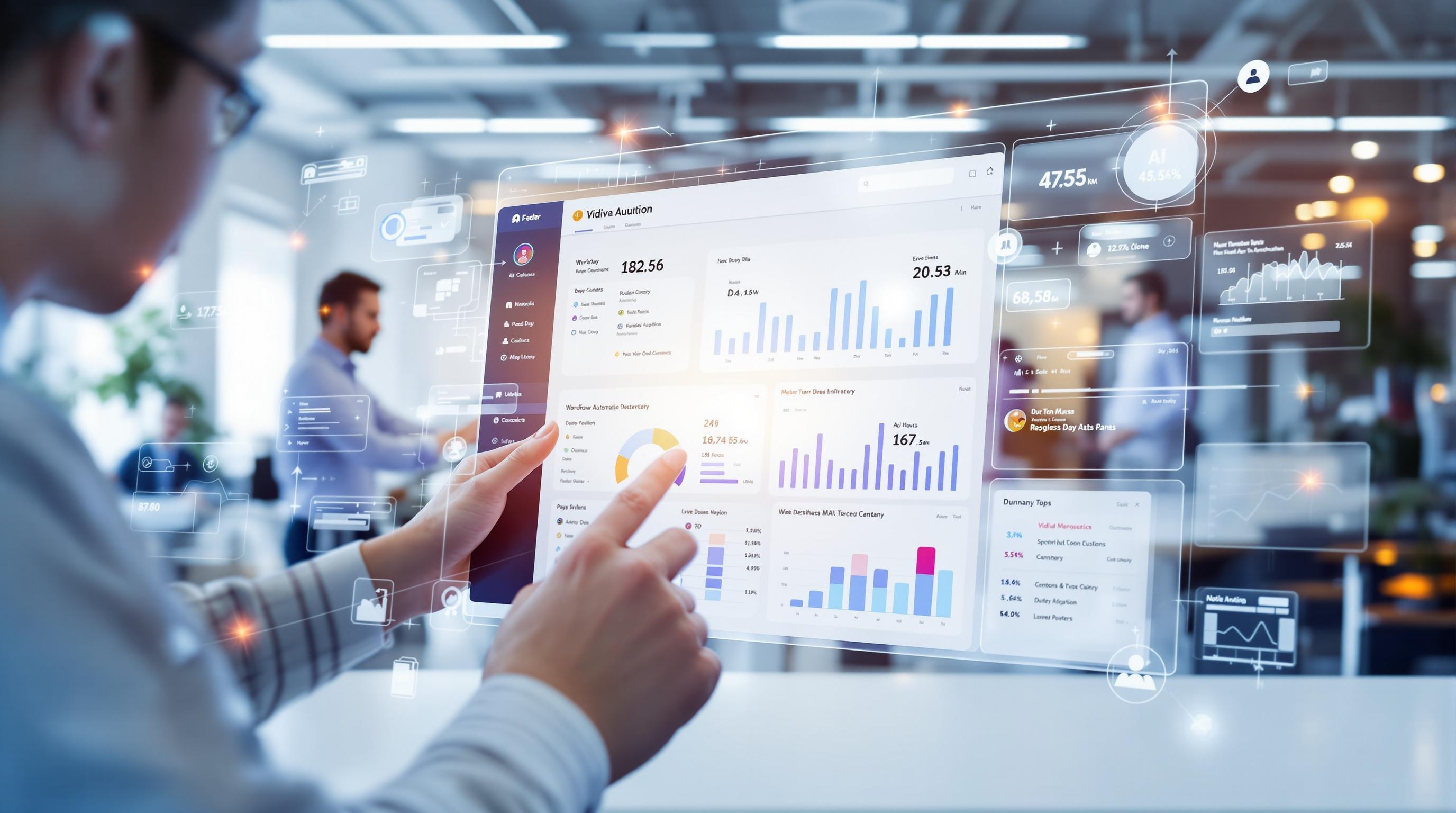 Futuristic concept of predictive workflow systems powered by AI, digital agents collaborating with intelligent assistants, abstract data flows and innovation symbols, advanced technology environment, clean and modern look, 16:9 aspect ratio
