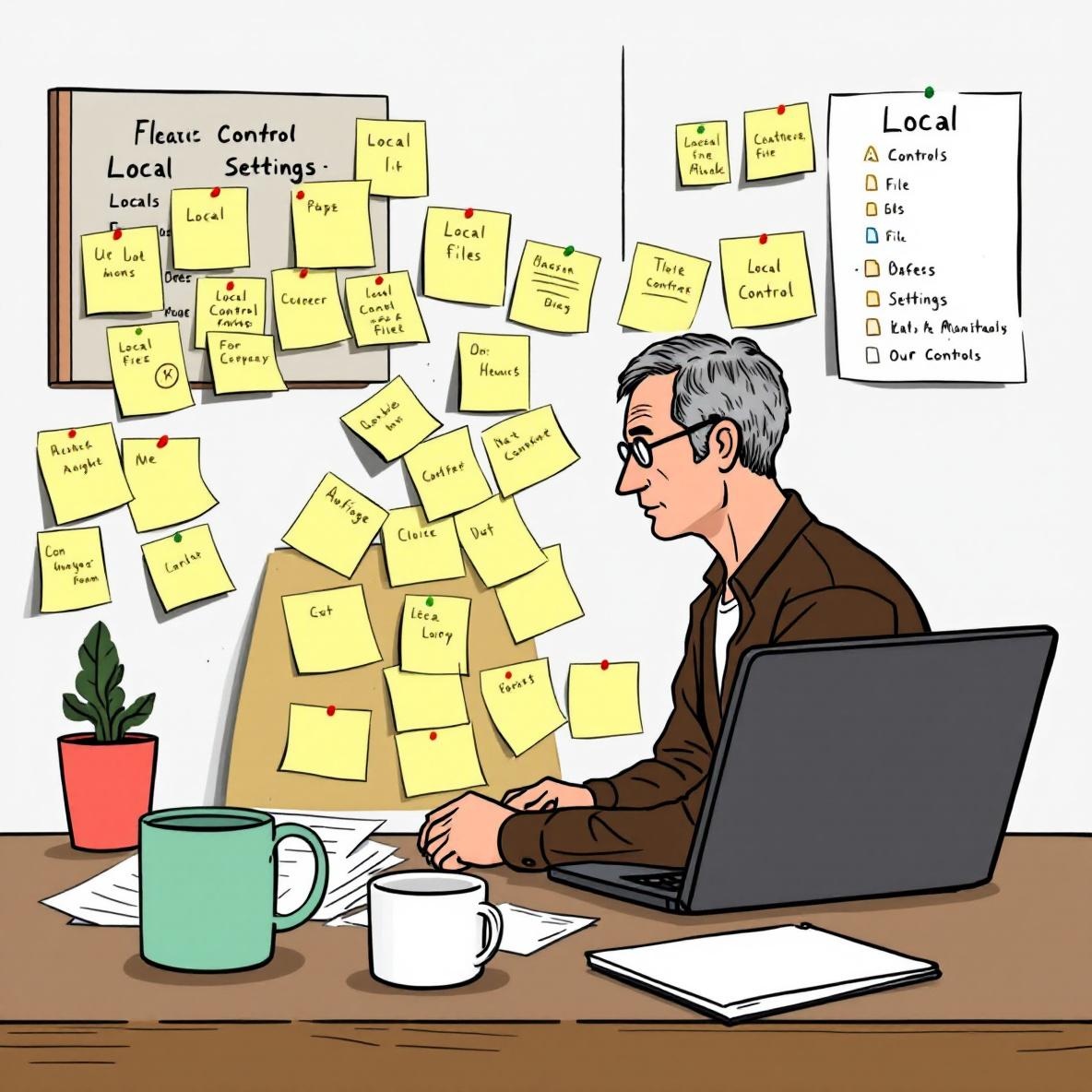 A person sits at a desk filled with sticky notes and papers, looking focused while navigating the Obsidian application on their laptop, expressing the challenges of local control.