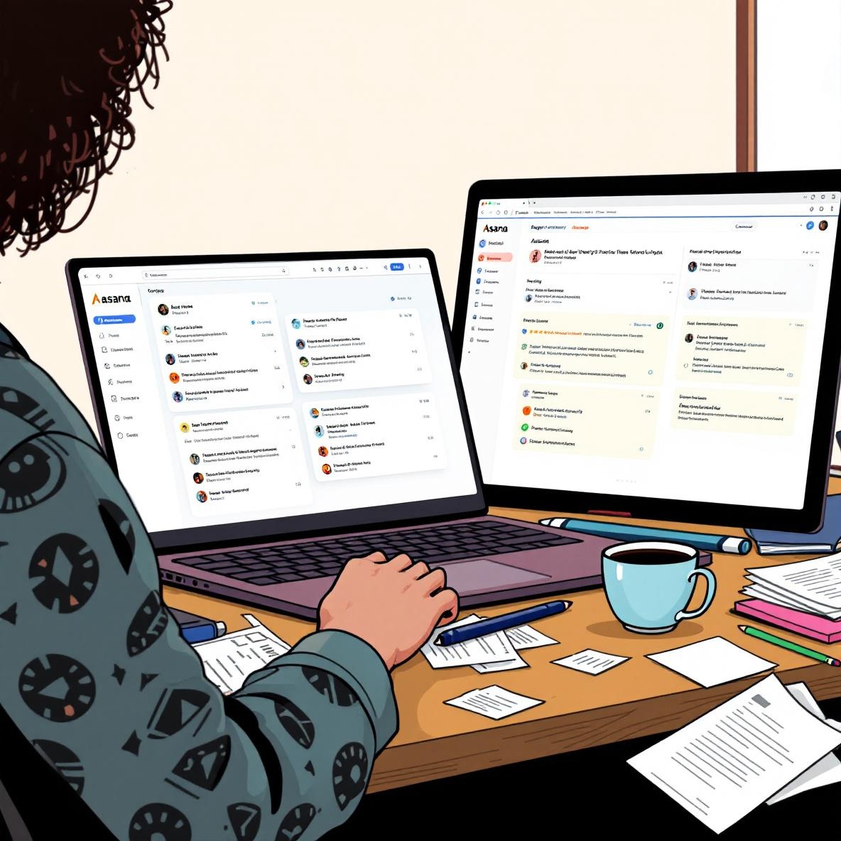 A freelancer at their desk, focused on their laptop displaying Asana, illustrating the chaos of email notifications and approval requests piling up around them, signifying the stress of managing tasks effectively.