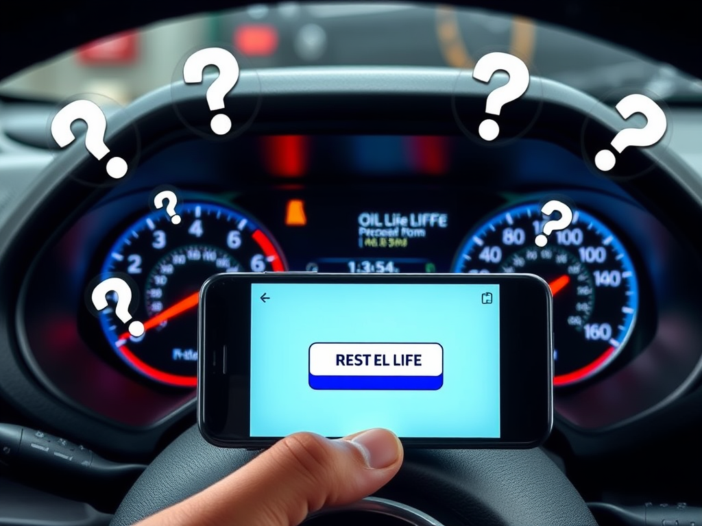 Create a realistic image of a Jeep Cherokee dashboard with the digital display showing oil life percentage, surrounded by 5 floating question mark icons, with a hand holding a smartphone displaying a "Reset Oil Life" button, and a blurred garage or workshop background.