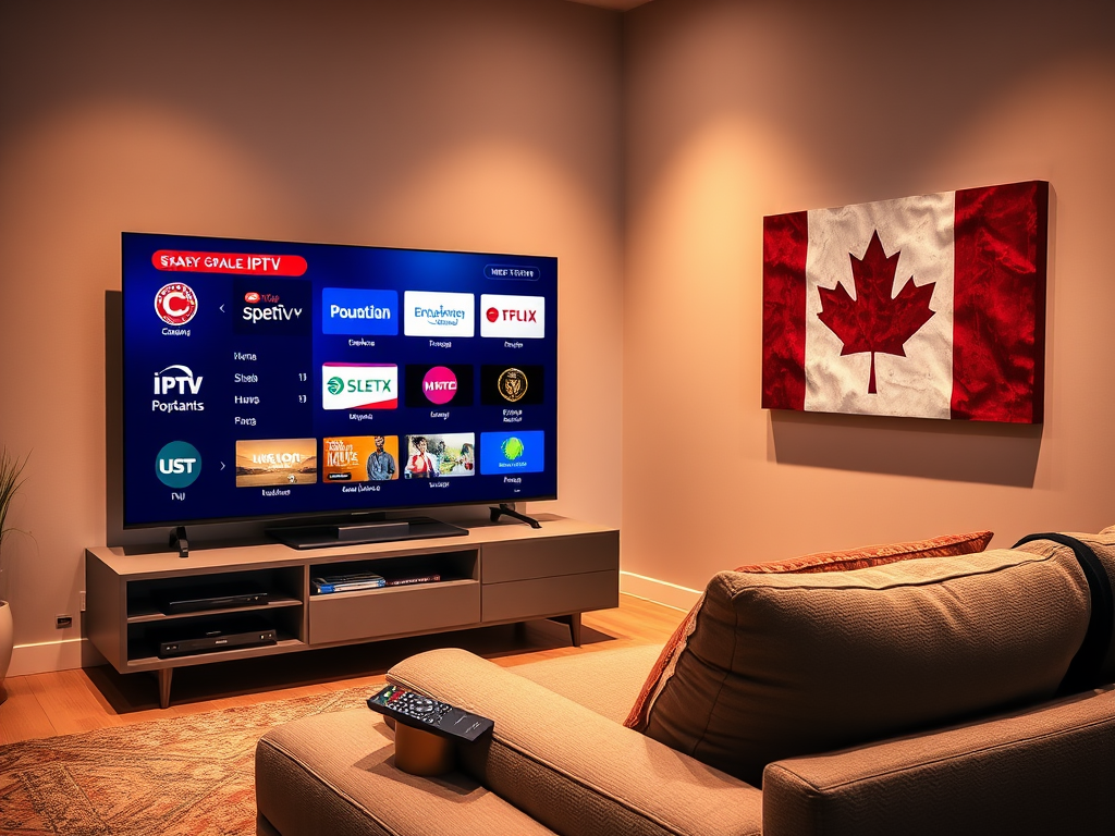 Create a realistic image of a modern living room with a large smart TV displaying various IPTV channels, a comfortable couch with a remote control on the armrest, and a Canadian flag artwork on the wall, all bathed in warm, inviting lighting to convey a cozy home entertainment atmosphere.