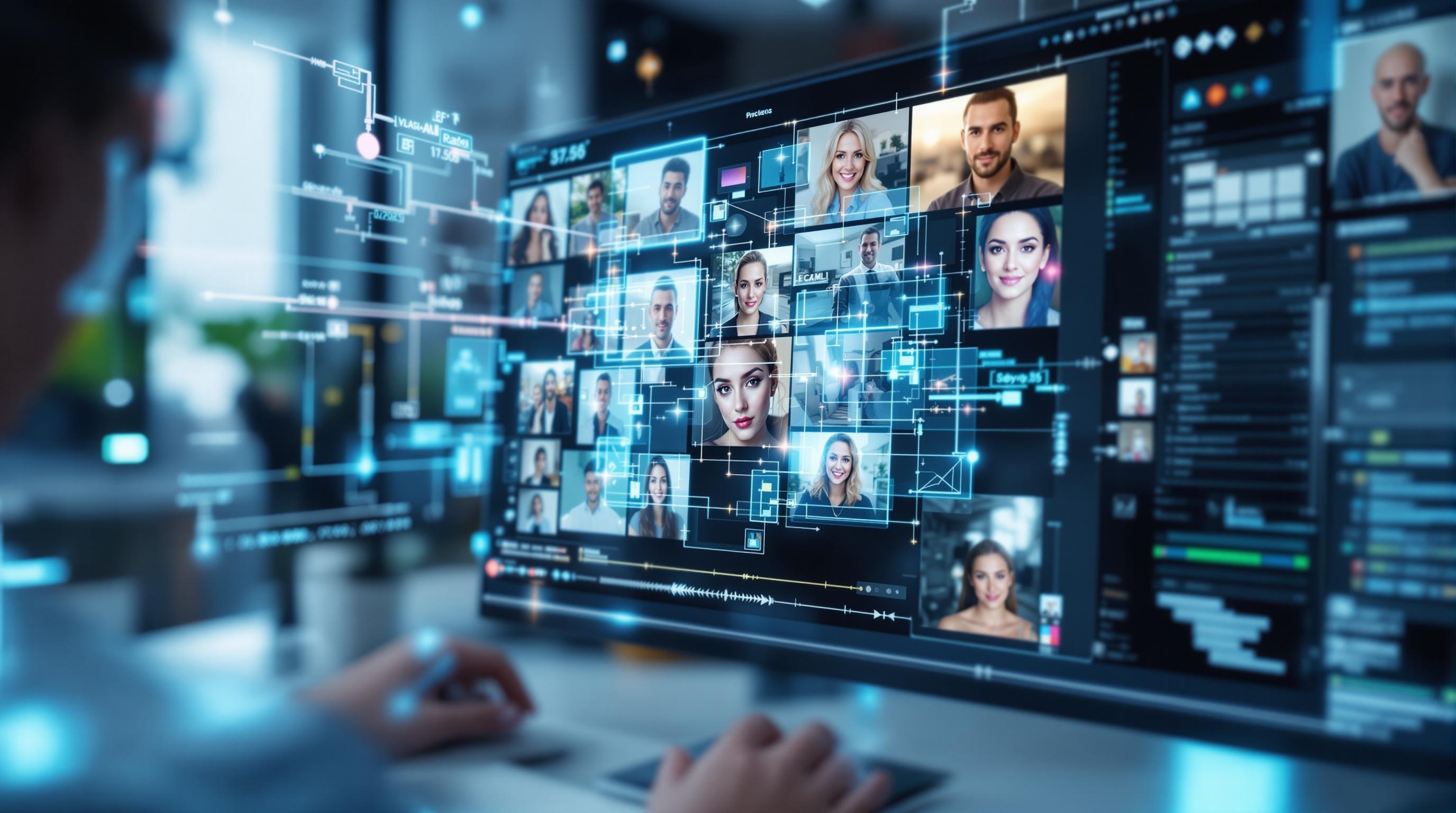 Futuristic concept of AI seamlessly organizing personal photo memories, interconnected smart devices displaying categorized images, emotional and contextual connections visualized, advanced digital home environment, modern and optimistic aesthetic, 16:9 aspect ratio