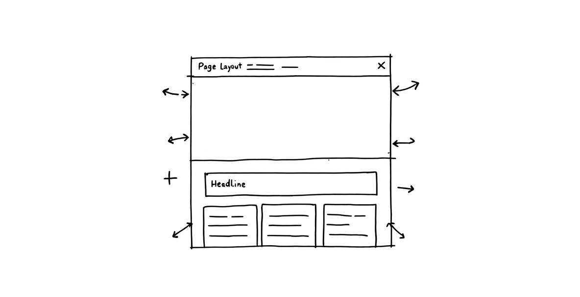 Minimalistic web page sketch showing layout and visual hierarchy with arrows indicating flow of attention.