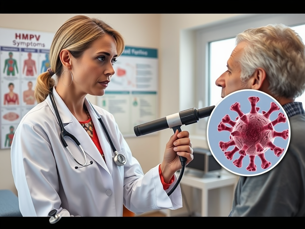 Create a realistic image of a concerned-looking white female doctor in a white coat examining a patient's throat with an otoscope in a bright medical office, with a poster displaying HMPV symptoms visible on the wall behind them, and a microscopic view of the HMPV virus in the corner of the image.