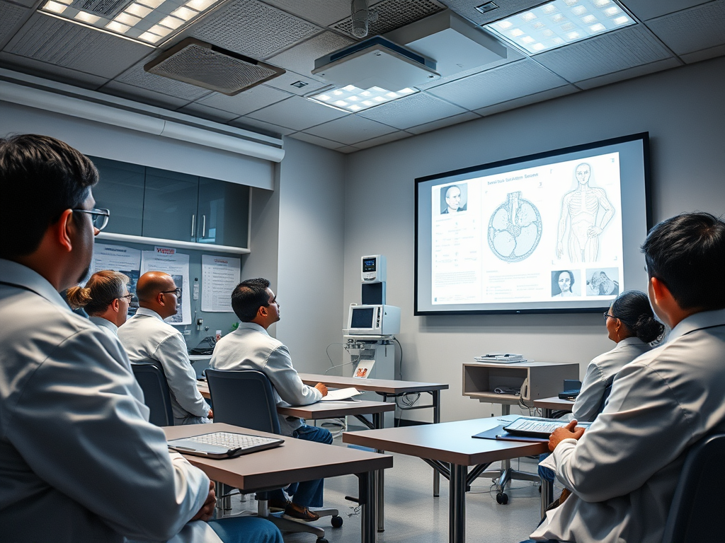 Create a realistic image of a modern medical classroom at CMC Vellore, with Indian students in white coats attentively listening to a lecture, advanced medical equipment visible, and a large screen displaying complex medical diagrams, emphasizing the institution's commitment to academic excellence in healthcare education.
