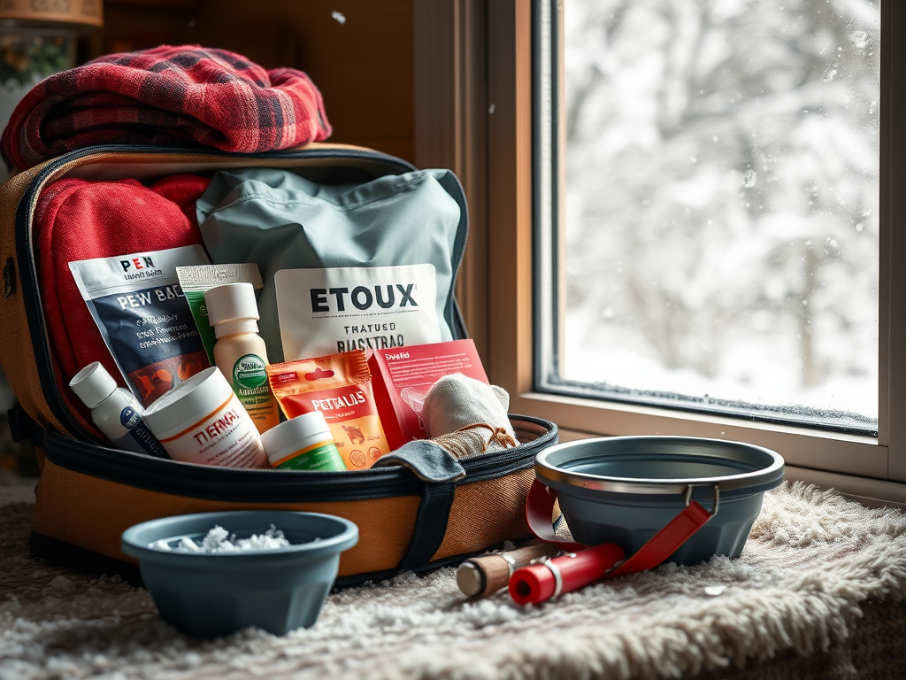 Create a realistic image of a close-up view of a well-stocked emergency kit for dogs, containing items like a thermal blanket, paw balm, pet-safe hand warmers, and a collapsible water bowl, with a snowy winter scene visible through a nearby window, conveying a sense of preparedness and safety.