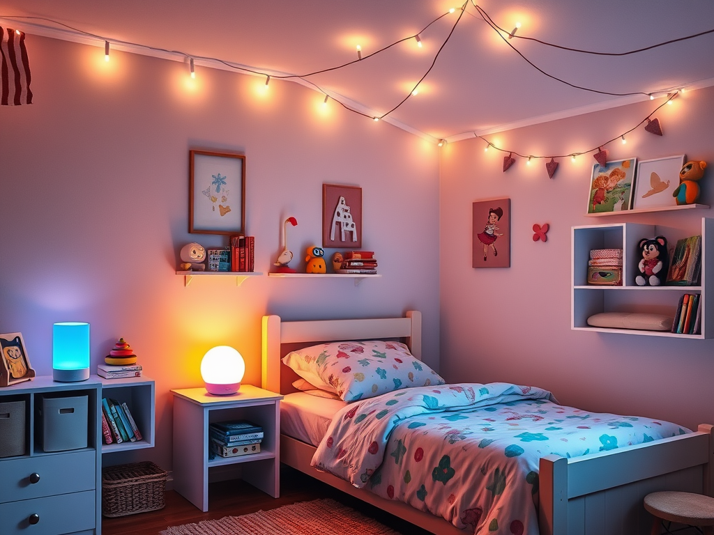 Create a realistic image of a child's bedroom transformed by a softly glowing Echo Glow smart lamp, casting a warm, colorful light across the room. The lamp sits on a bedside table next to a cozy single bed with playful bedding. Toys and books are neatly arranged on shelves, while string lights add a magical touch to the ceiling. The room has a peaceful and inviting atmosphere, perfect for bedtime or playtime.