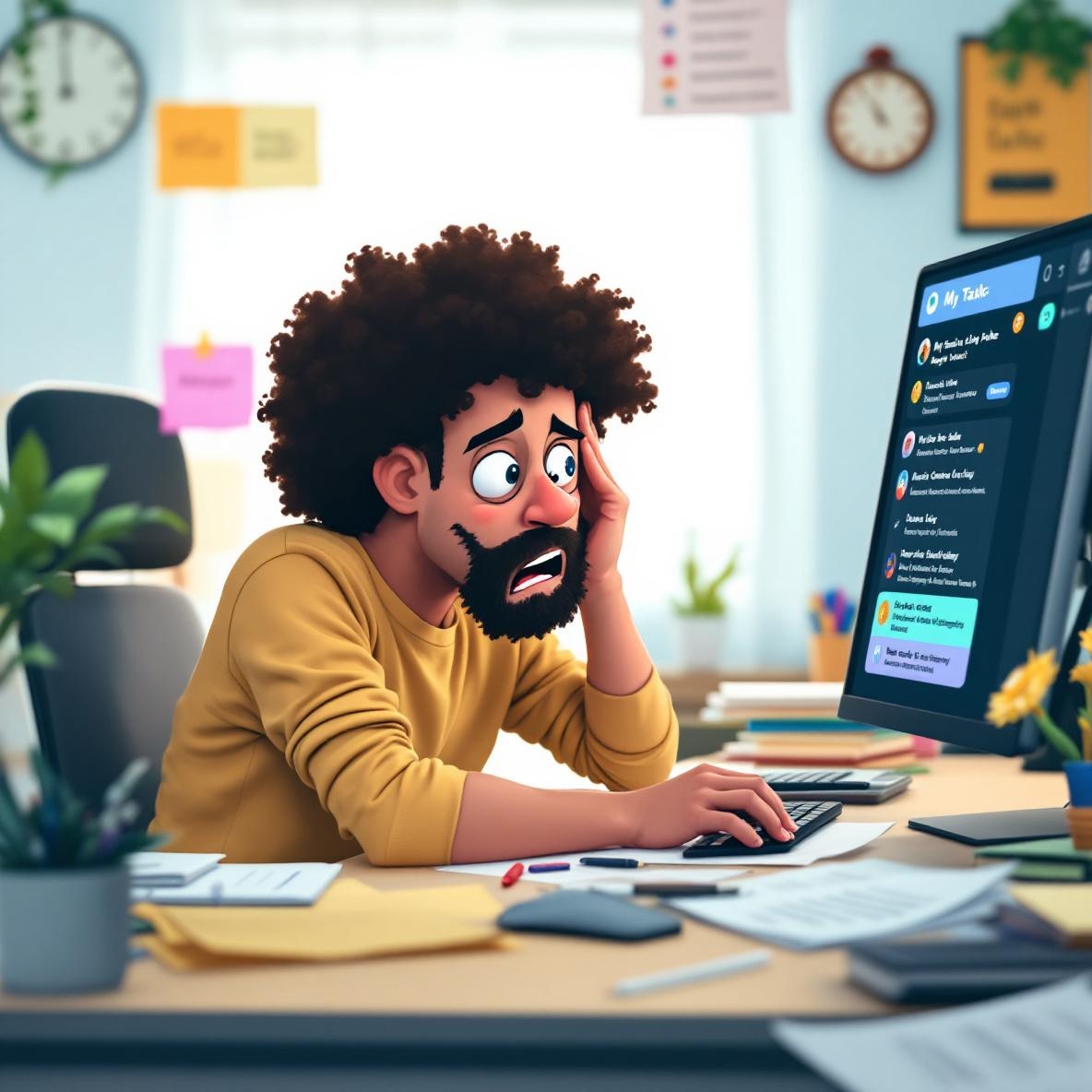 An overwhelmed freelancer at a desk cluttered with various task lists and reminders, depicting the stress caused by managing too many rules in Asana