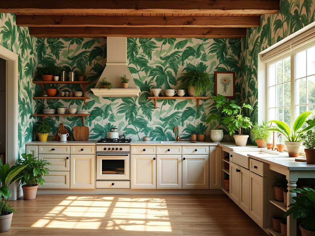 Transform Your Space: Tropical Kitchen with Palm Leaf Wallpaper