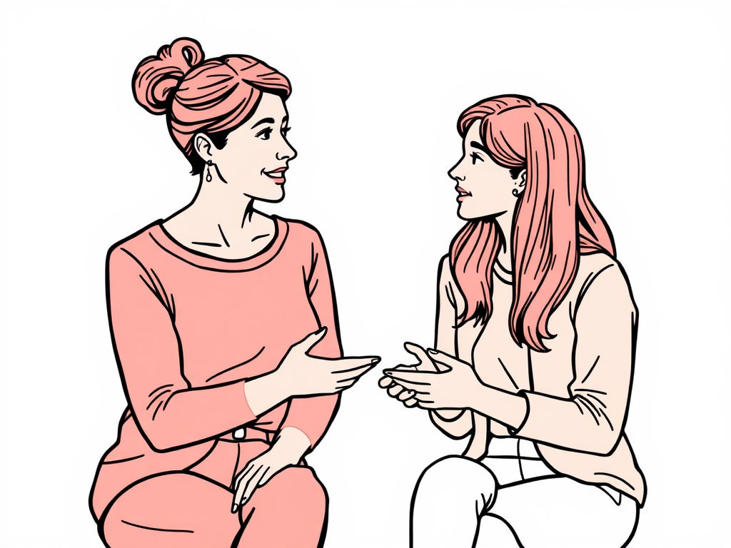 outline (just black outline) of 2 people talking one 30ish age woman and a young person with an interview format more informal vibe