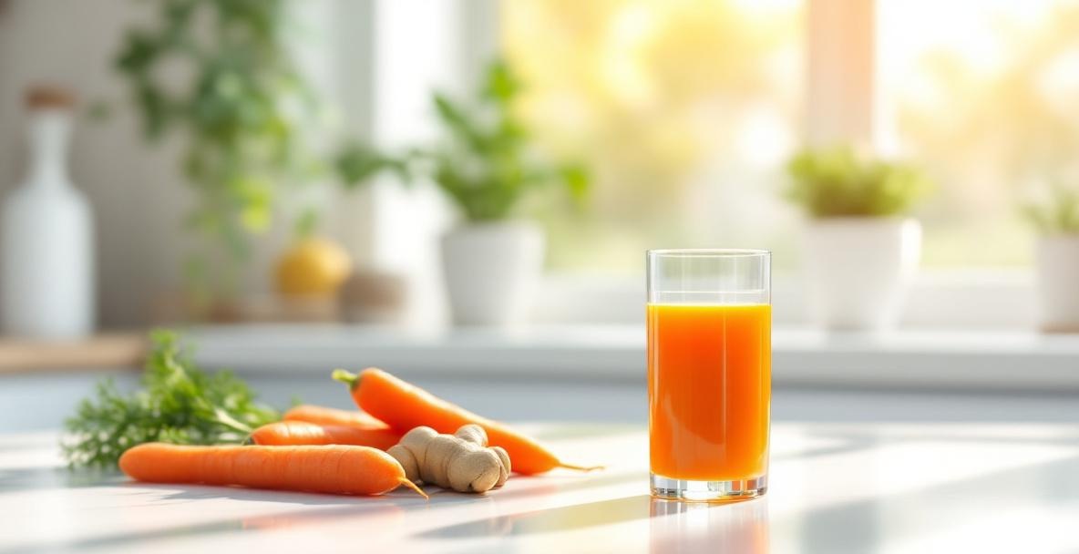 Realistic kitchen with vibrant carrot ginger juice, fresh carrots and ginger on countertop.