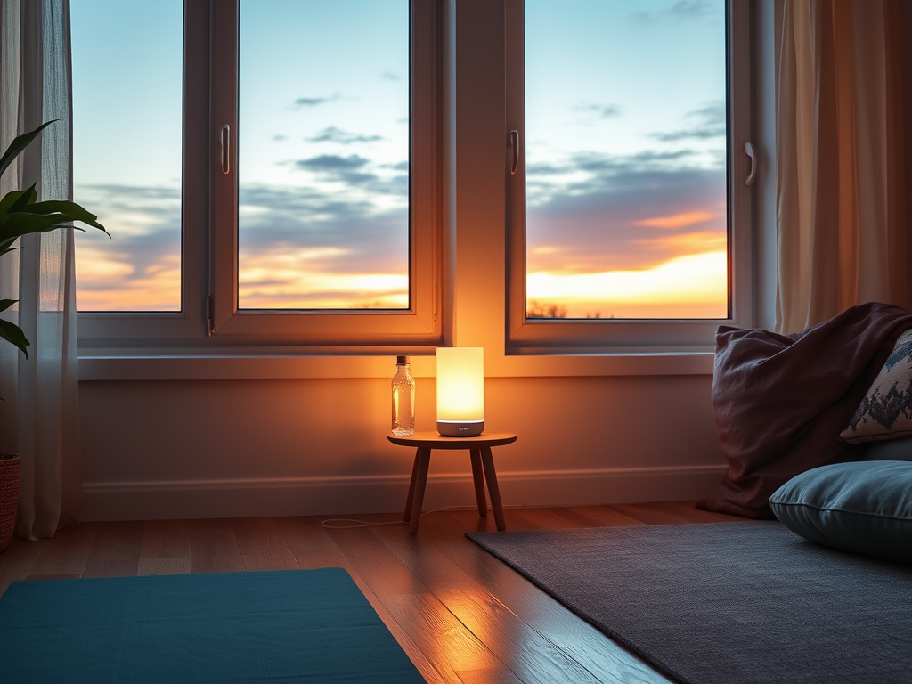 Create a realistic image of a cozy living room with an Echo Glow device emitting a soft, warm light on a side table. The room features a yoga mat on the floor, a water bottle, and a meditation cushion nearby. A large window shows a sunset, creating a calming atmosphere. The overall scene emphasizes relaxation and wellness at home.