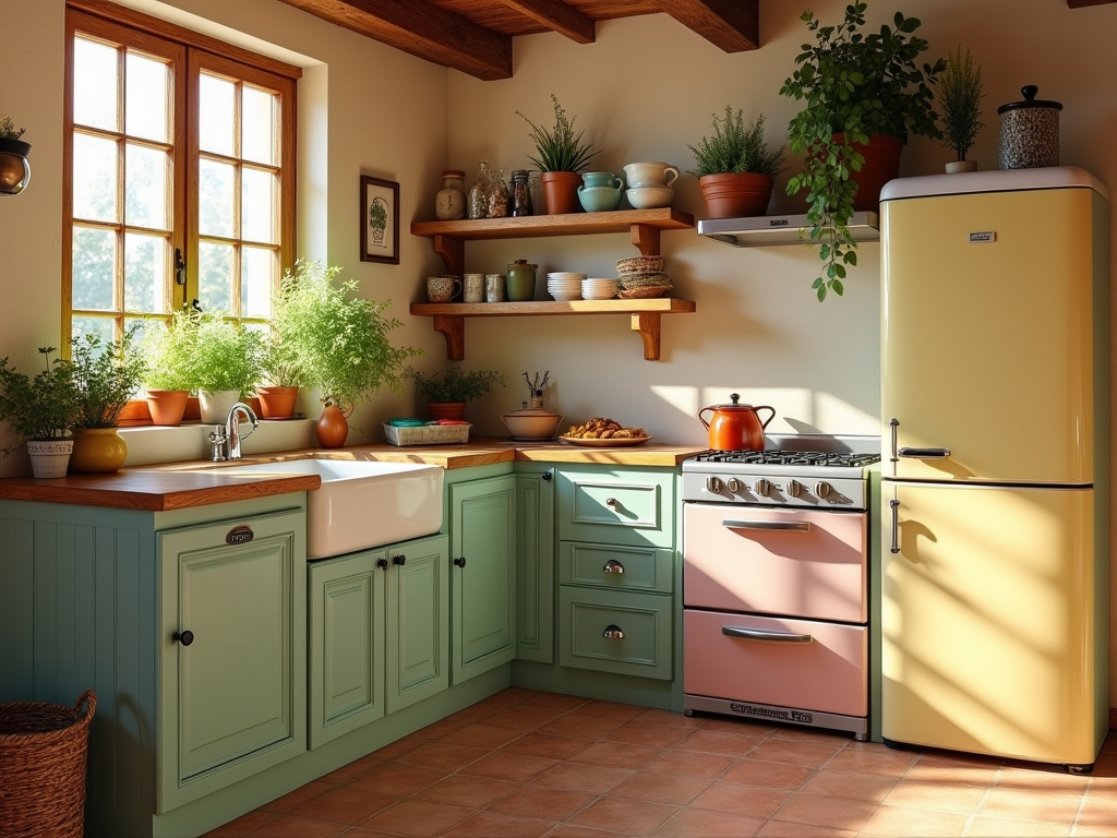 Charming Vintage-Inspired Kitchen with Pastel Appliances