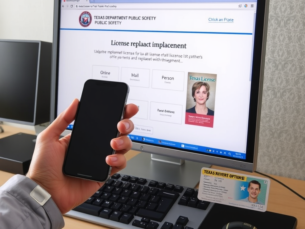 Create a realistic image of a computer screen displaying the Texas Department of Public Safety website, focusing on the license replacement options page. The screen shows various clickable buttons for different replacement methods, including online, mail, and in-person options. A hand holding a smartphone is visible in the foreground, suggesting mobile accessibility. A Texas driver's license is partially visible on the desk next to the keyboard, emphasizing the context of license replacement.