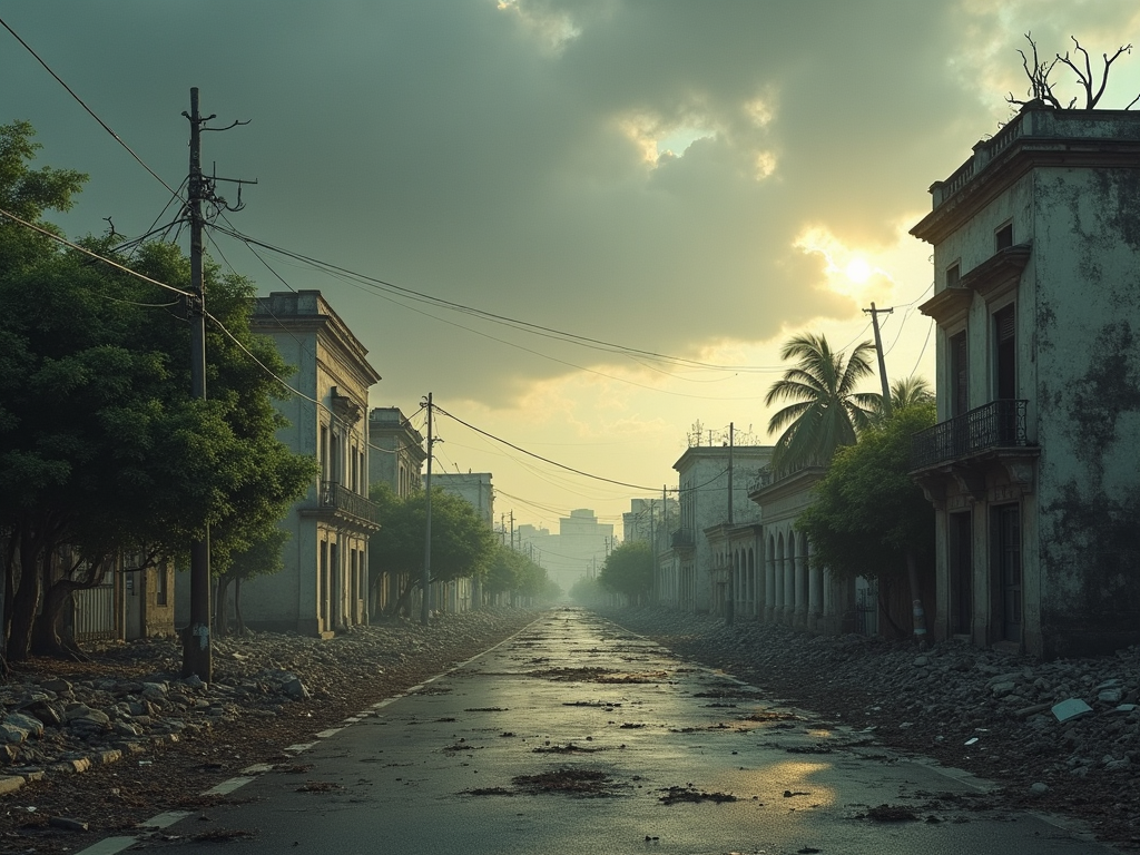Visualize a haunting yet poignant scene capturing the essence of Cuba in the throes of multiple natural disasters. The image should depict a panoramic view of a Cuban cityscape, post-storm. In the foreground, a once vibrant street now littered with debris from damaged buildings and fallen trees, illustrating the aftermath of Hurricane Rafael. The background should show a distant city line with visible signs of earthquake damage, such as cracked roads and partially collapsed structures. The sky is overcast, heavy with storm clouds, yet a single ray of sunlight breaks through, symbolizing hope. The color palette should consist of muted earth tones like grayish-brown and olive green, contrasted with the stark gray of the stormy sky and a hopeful, subtle golden yellow from the sunlight. The artistic style should lean towards a realistic portrayal with a touch of impressionism to evoke the emotional weight of the scene. The mood is somber and reflective, underlined by the resilience of the environment. The image should be rendered in high detail to capture the texture of the battered landscape and the poignant emotions of the scene.