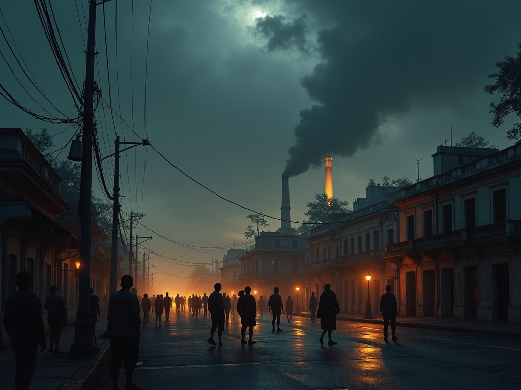Visualize a scene depicting the aftermath of Hurricane Oscar in Cuba, focusing on a panoramic view of Havana where the skyline is dominated by the dark silhouette of non-operational oil-fired power plants. The foreground should feature distressed citizens gathered in a dimly lit street, using candles and flashlights, illustrating the severe blackout. The sky is tumultuous, with heavy, swirling storm clouds reflecting the ongoing turmoil. The color palette is dominated by shades of gray and dark blue, punctuated by the warm glow of orange and yellow from the handheld lights. This scene should be rendered in a hyper-realistic style, emphasizing the mood of desperation and the critical state of the infrastructure. The lighting is low and moody, with shadows casting long and dramatic across the deserted cityscape. The artistic medium should mimic oil painting, with textured brush strokes that add depth and emotion to the portrayal of this crisis.