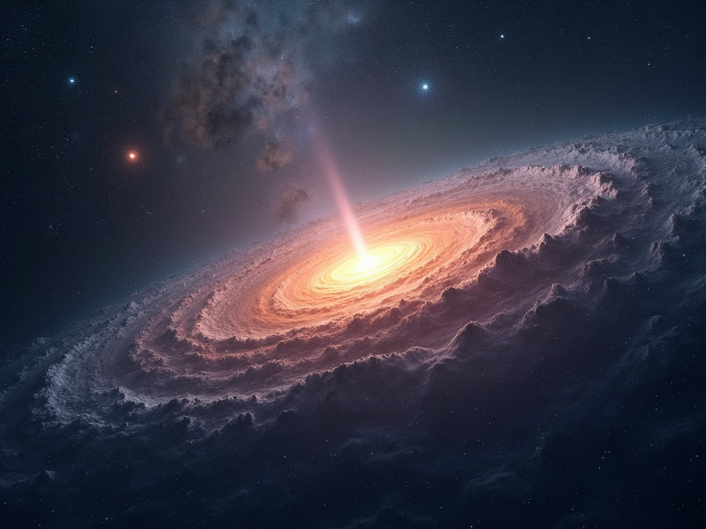 Visualize a cosmic landscape that captures the essence of the CCC+TL cosmological model. The image should feature a vast, expansive view of the universe, filled with a myriad of galaxies, nebulae, and cosmic phenomena. At the center, depict a large, radiant galaxy with a visible redshift effect, symbolizing the 'tired light' theory where light loses energy over vast distances. Surround this galaxy with subtle visual cues of diminishing strengths of natural forces, such as faintly glowing lines that gradually fade, representing the covarying coupling constants (CCC). The background should include baryon acoustic oscillations (BAO) depicted as subtle ripples or waves that extend throughout the cosmic fabric, suggesting the early universe's light distribution. Opt for a color palette that includes deep blues, purples, and blacks, accented with hints of white and silver to illustrate the scattering of light. The artistic style should lean towards a surrealistic approach with a touch of photorealism, focusing on intricate details and a sense of depth to enhance the viewer's perception of looking deep into space. Lighting should be dramatic, with emphasis on contrasts between the bright centers of galaxies and the darker, mysterious expanses of the universe, setting a mood of awe and contemplative intrigue.