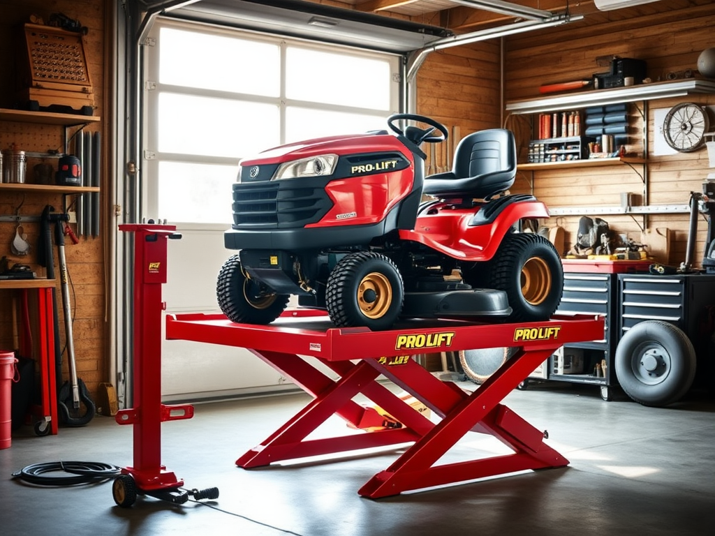 Create a realistic image of a red Pro Lift lawn mower lift in a garage workshop, with a partially raised riding lawn mower on it. The lift should be clearly visible, showcasing its sturdy construction and hydraulic mechanism. Tools and equipment associated with lawn mower maintenance should be visible in the background. Natural light should be streaming in from a nearby window, highlighting the lift's features.