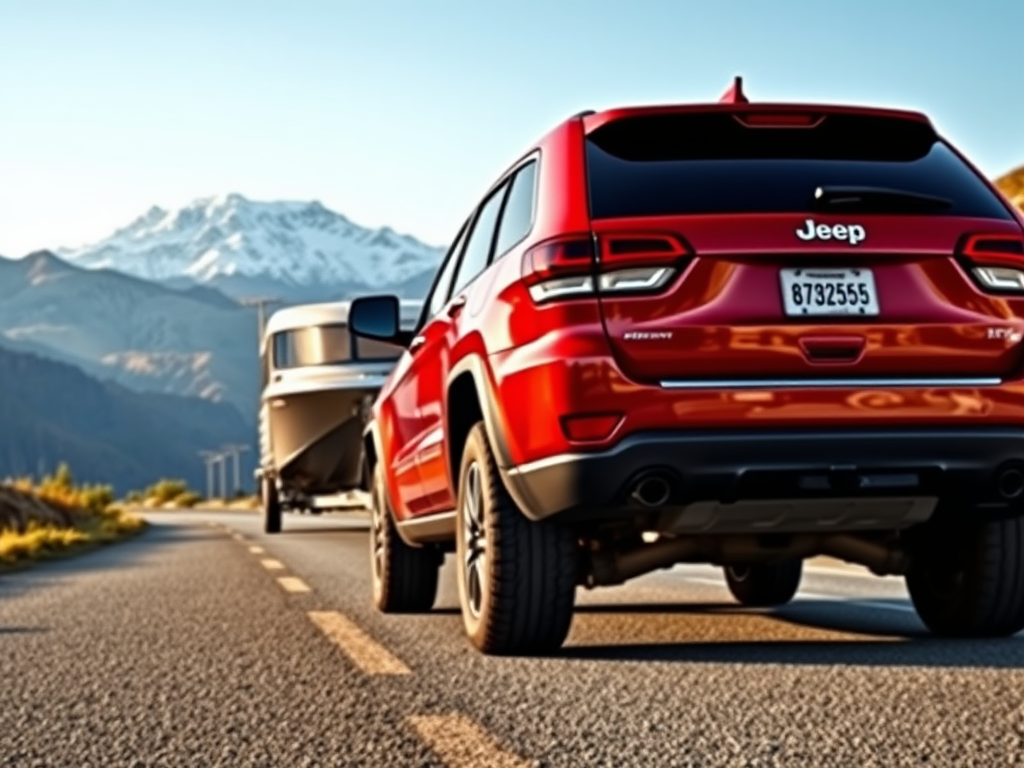 Create a realistic image of a red Jeep Grand Cherokee parked on a scenic mountain road, with a large boat trailer hitched to its rear, showcasing the vehicle's towing capacity. The Jeep is positioned at a slight angle, emphasizing its rugged design and tow hitch. A snow-capped mountain range is visible in the background, creating a dramatic backdrop. The lighting suggests late afternoon, casting a warm glow on the scene.