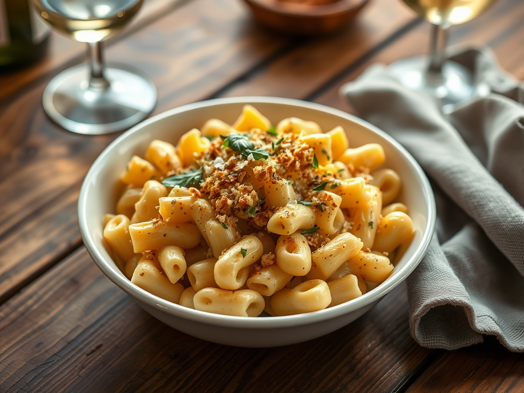 Create a realistic image of a gourmet-style mac and cheese dish in a white ceramic bowl, topped with crispy breadcrumbs, fresh herbs, and a sprinkle of truffle shavings, placed on a rustic wooden table with a small glass of white wine and a cloth napkin nearby, soft warm lighting enhancing the golden color of the cheese sauce.