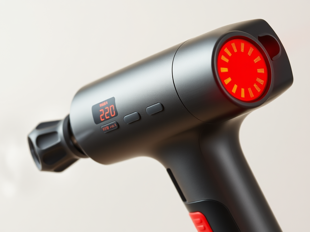 Create a realistic image of a close-up view of a sleek, modern massage gun with a glowing red heat therapy attachment, positioned against a light background. The massage gun should have visible temperature controls and a digital display showing a high heat setting. Subtle steam or heat waves should be visible around the device, emphasizing its heat therapy function.