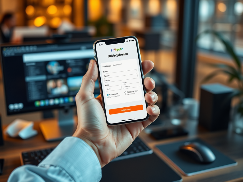 Create a realistic image of a white male hand holding a smartphone displaying a driving license customization form on the screen, with a computer keyboard and mouse visible in the background on a desk, warm indoor lighting, and a blurred office setting in the distance.