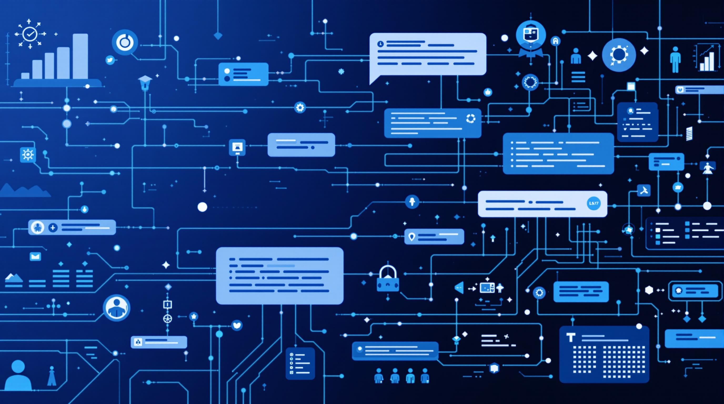 Modern illustration of natural language processing and machine learning algorithms analyzing search queries, interconnected data flows, AI neural networks, and knowledge graphs, clean and professional digital style