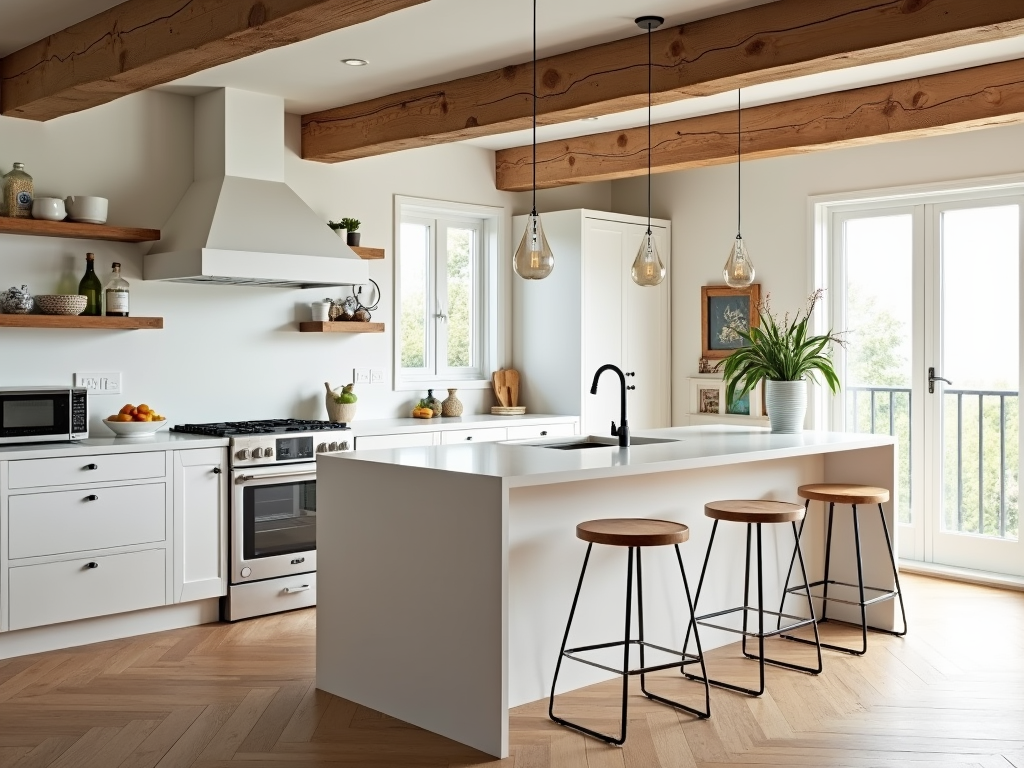 Charming Rustic Wood Beams Transform a Modern White Kitchen