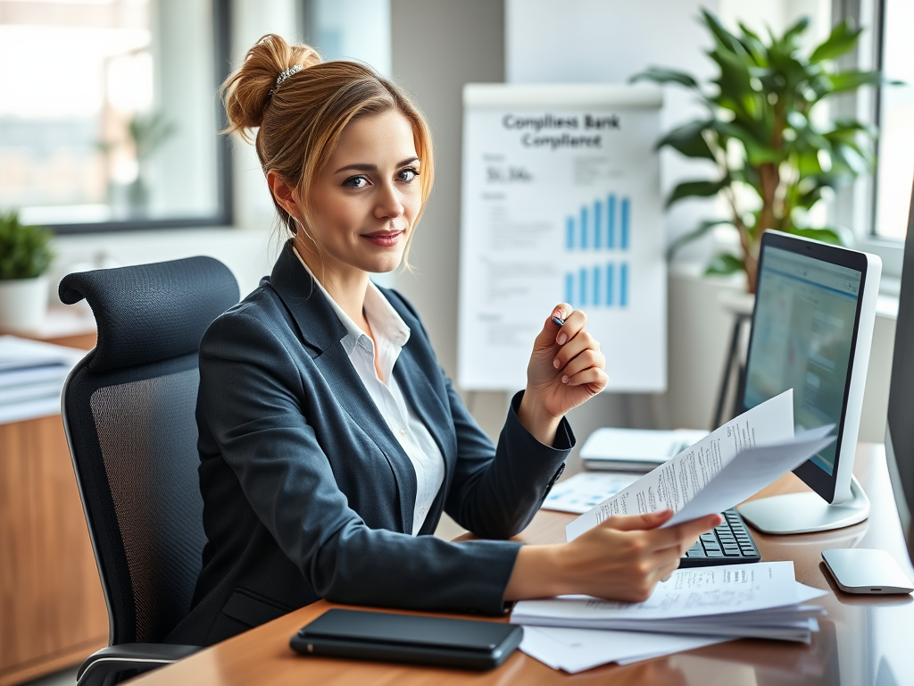 Create a realistic image of a white female accountant in her 30s sitting at a desk, reviewing business bank statements with a magnifying glass, surrounded by financial documents and a computer displaying compliance software. The scene is well-lit with natural light from a nearby window, creating a professional and focused atmosphere in a modern office setting.