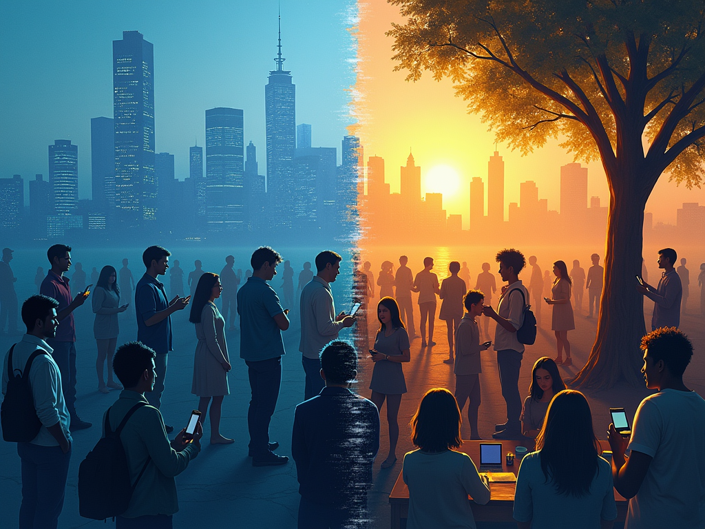 Envision a thought-provoking cover image for 'Disconnected Connections: Exploring the Paradox of Modern Loneliness'. The central visual is a split scene. On the left, a crowded cityscape viewed from above where each individual is absorbed in their digital devices, depicted in a monochromatic blue tone, symbolizing coldness and isolation. The right side contrasts sharply with a warm, vibrant park scene where diverse groups of people of various ages and ethnicities engage in face-to-face conversations, playing games, and laughing together, bathed in golden sunset hues. The two scenes are divided by a digital glitch effect, emphasizing the disconnect. The art style is a blend of digital painting and photorealism, capturing intricate facial expressions and city details. The sky transitions from a digital pixelated pattern on the left to a clear, starry night on the right, reinforcing the theme of real versus virtual connections. The mood is contemplative, inviting the viewer to reflect on their own interactions and the impact of technology on genuine human connections.