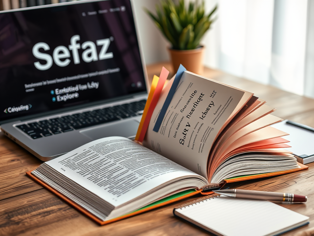 Create a realistic image of an open book with multiple colorful bookmarks sticking out, placed on a wooden desk next to a laptop displaying "Sefaz" on its screen, with a pen and notepad nearby, suggesting additional related topics to explore.