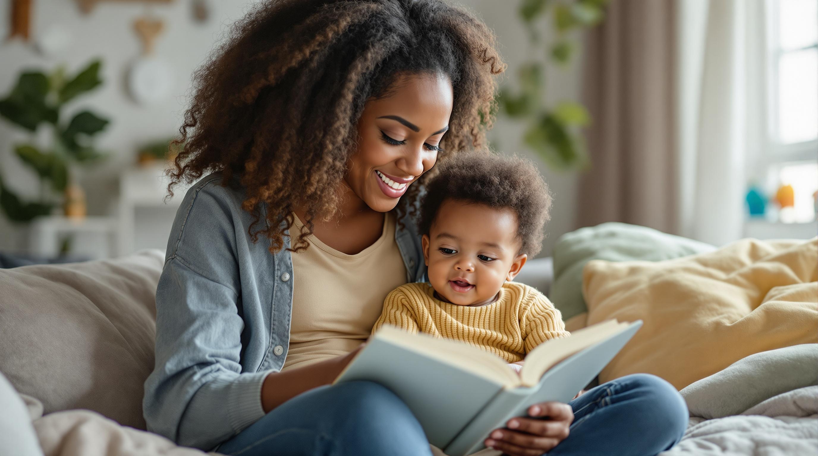 Babysitter Reading to Child in Kids Room An authentic and candid photo of a babysitter reading a book to a child in a cozy kids room.