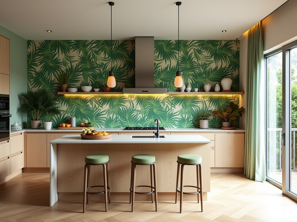 Tropical Paradise: High-Tech Kitchens with Palm Leaf Wallpaper