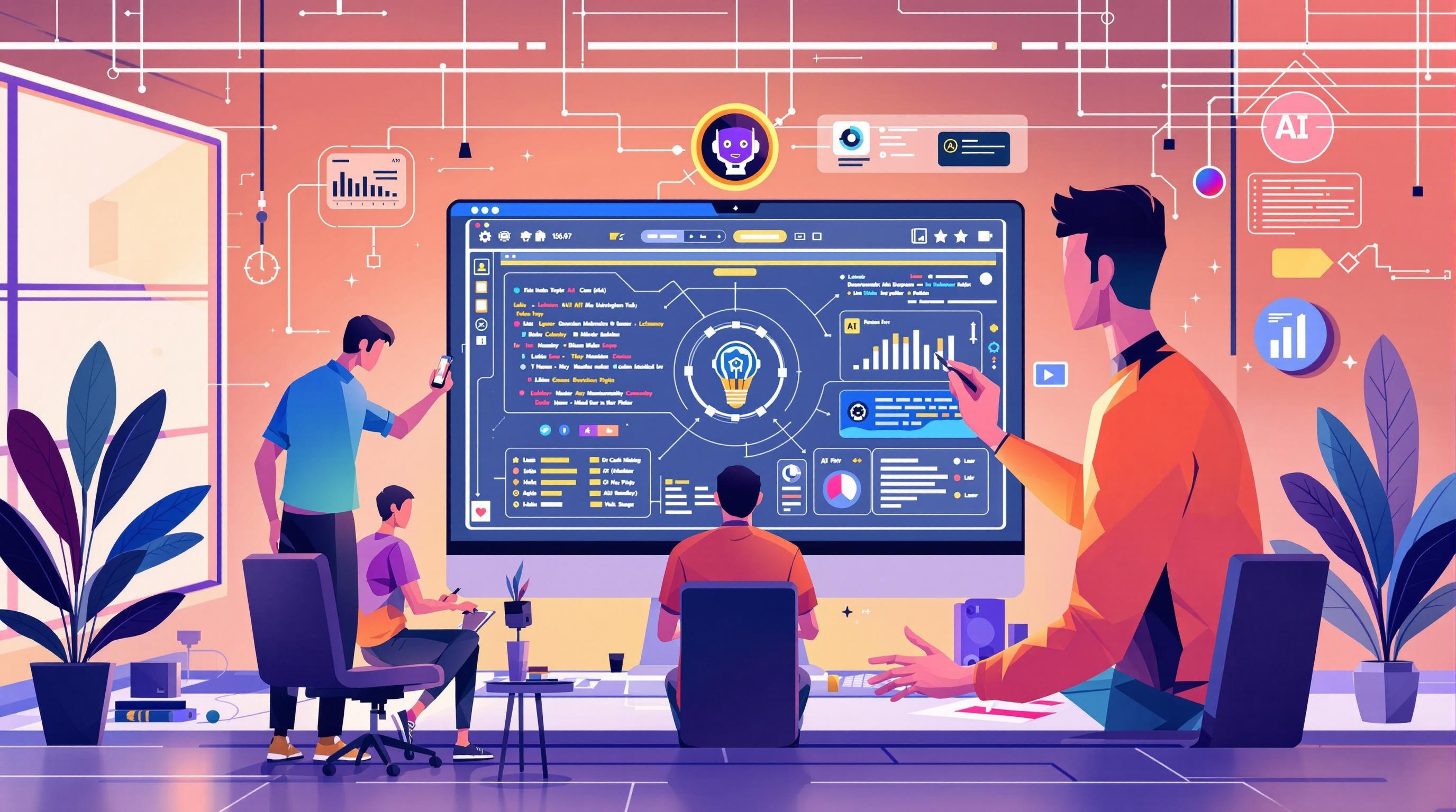 Futuristic concept art of evolving AI prompt engineering tools integrating seamlessly with advanced software development environments, showcasing dynamic interfaces and recursive AI improvement cycles, sleek and modern visual style, 16:9 aspect ratio