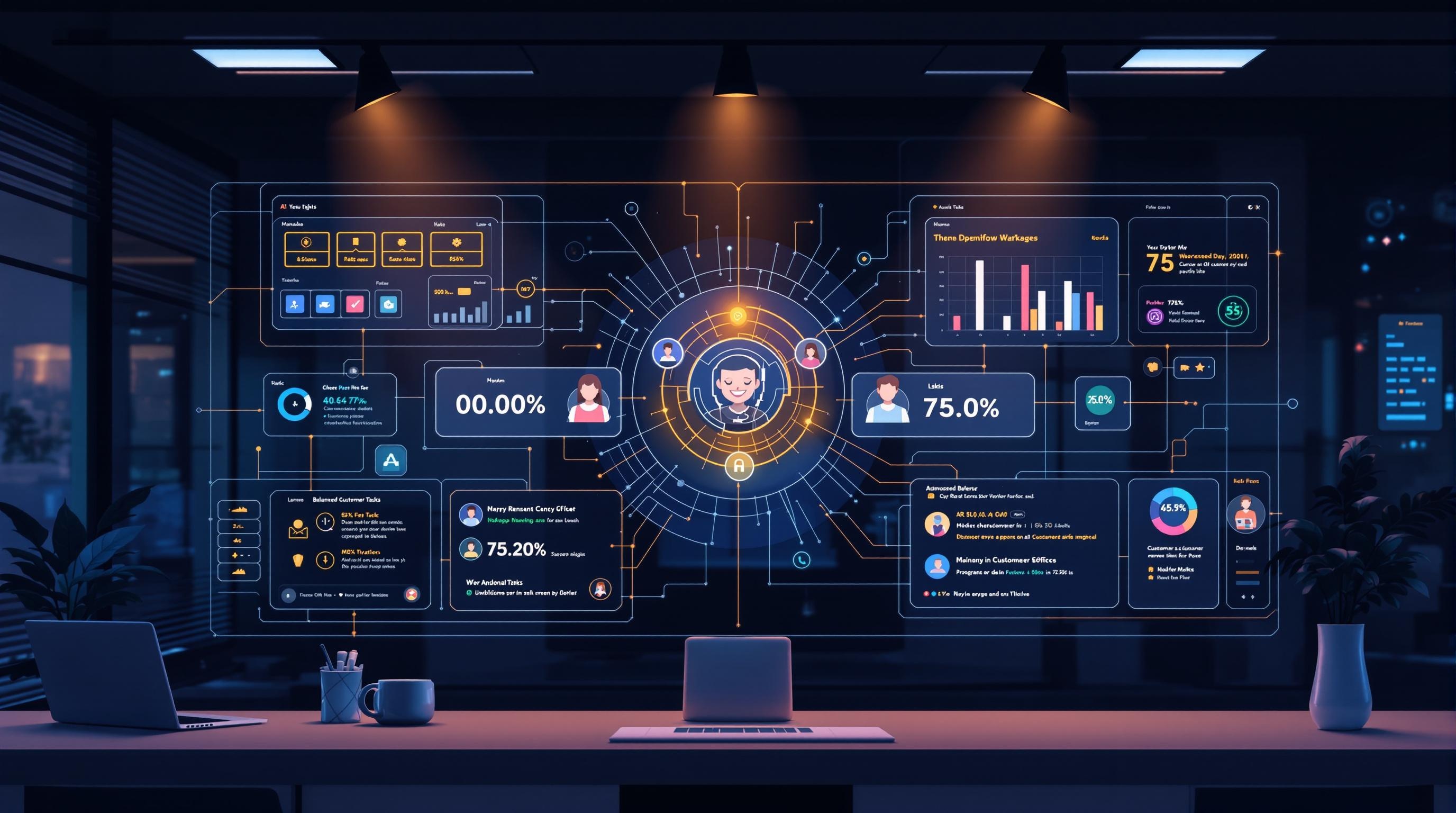 Professional digital illustration of AI-powered workflow automation assigning tasks to customer service agents, balanced workloads visualized with interconnected dashboards, modern office environment, clean and sleek design, 16:9 aspect ratio