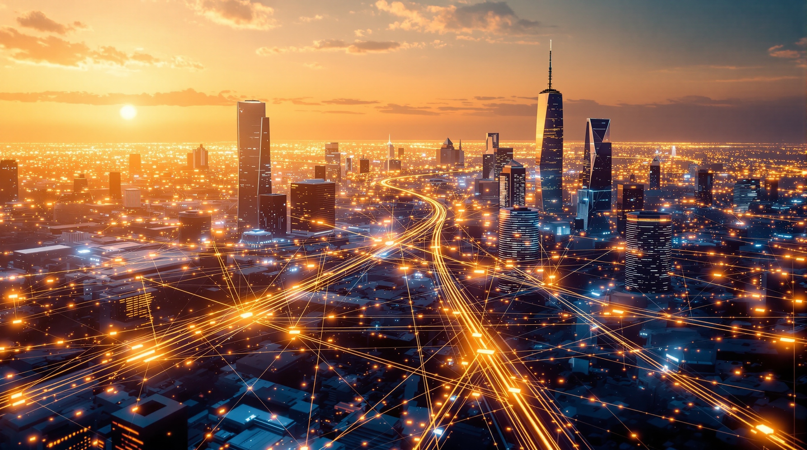 Futuristic city skyline with digital data network symbolizing AI marketplace partnerships