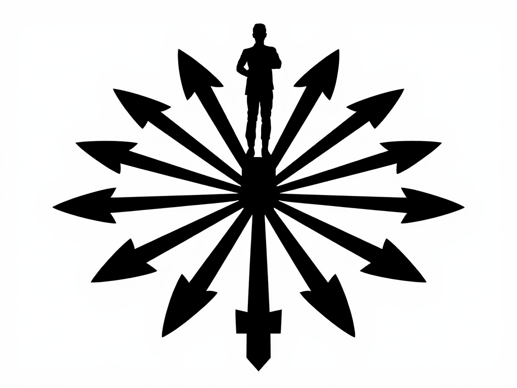 A outline of a person standing on an arrow going in many directions from the top 