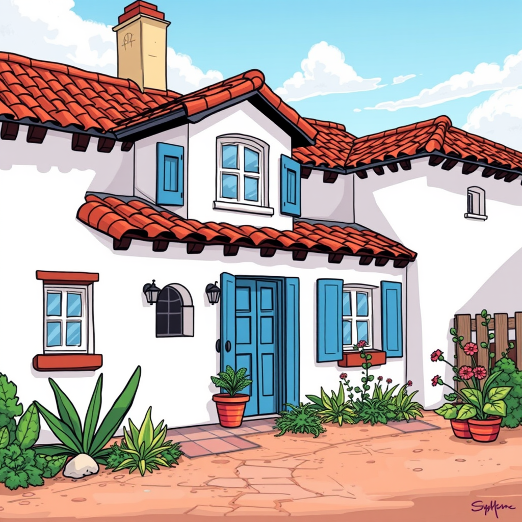 Children's storybook illustration, charming Mediterranean house, white walls, red tile roof with dormer window, blue shutters, simple yard, warm inviting style, semi-realistic comic book art, bright cheerful colors, appealing to middle-grade readers