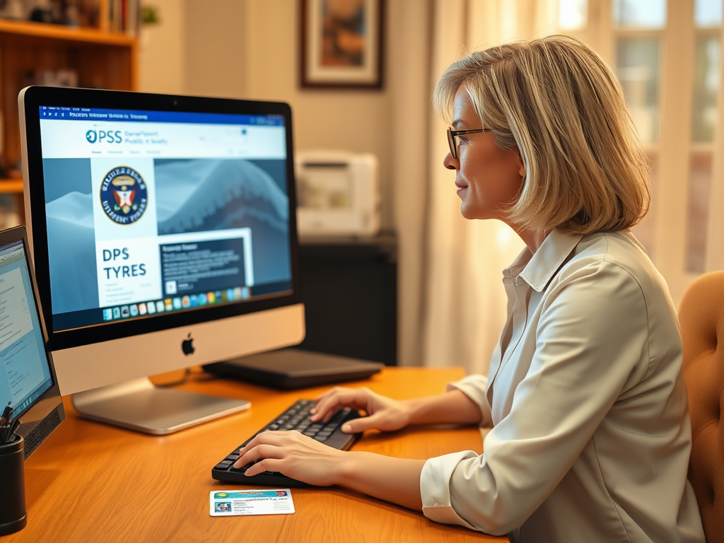 Create a realistic image of a white female in her 30s sitting at a desk, looking at a computer screen displaying the Texas Department of Public Safety (DPS) website, with a Texas driver's license visible on the desk next to the keyboard, warm indoor lighting, and a home office setting in the background.