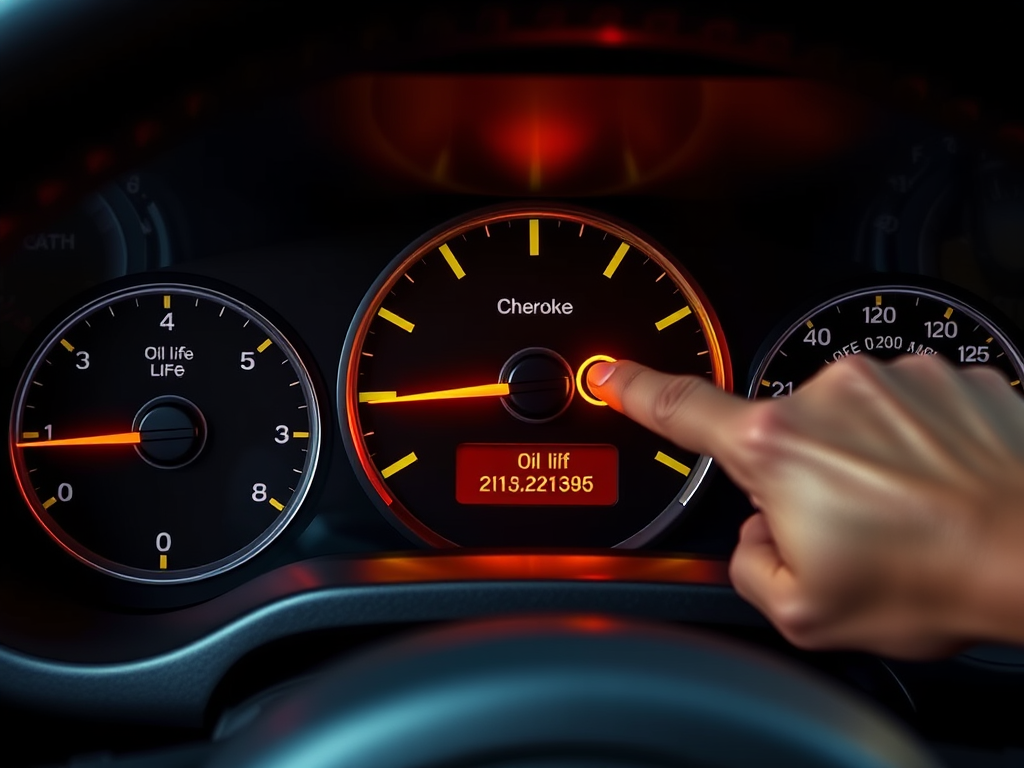 Create a realistic image of a Jeep Cherokee dashboard with the oil life indicator prominently displayed, showing a low percentage. Include a hand pointing to the indicator, suggesting the need for an oil change. The interior should be dimly lit, emphasizing the dashboard's illumination.