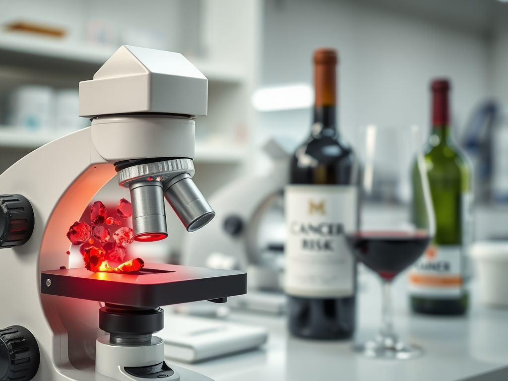 Create a realistic image of a medical laboratory with a microscope in the foreground showing cancer cells, and in the background, a blurred wine bottle and glass. A warning label on the bottle reads "Cancer Risk." The scene is well-lit with a clinical, sterile atmosphere.