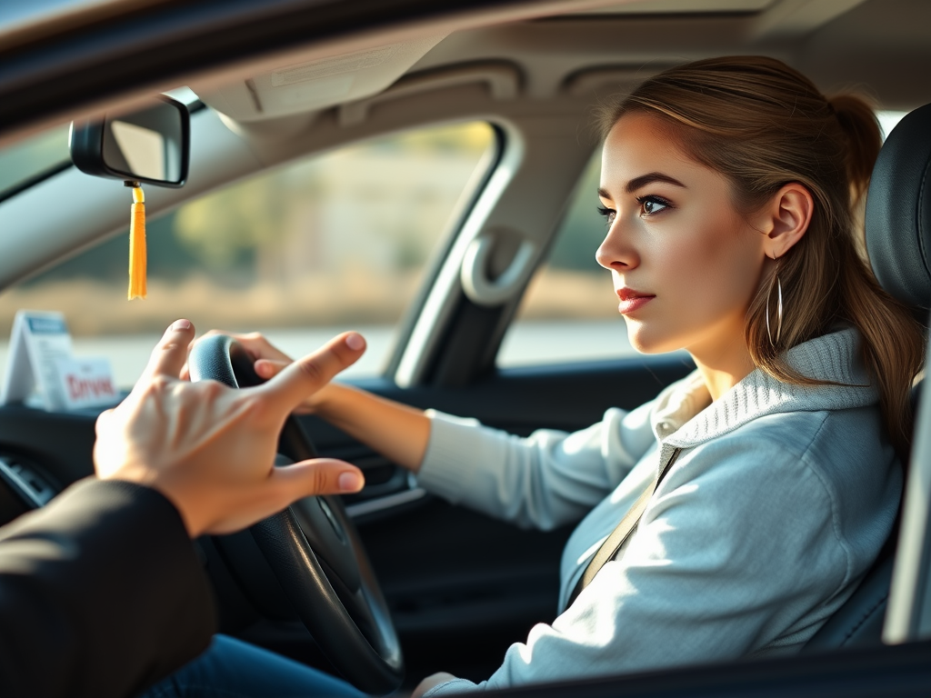 Create a realistic image of a young white female driver confidently gripping a steering wheel, focused on the road ahead, with a driving instructor's hand visible gesturing towards the dashboard, set inside a car with a "Student Driver" sign visible in the rearview mirror, daytime lighting streaming through the windows.