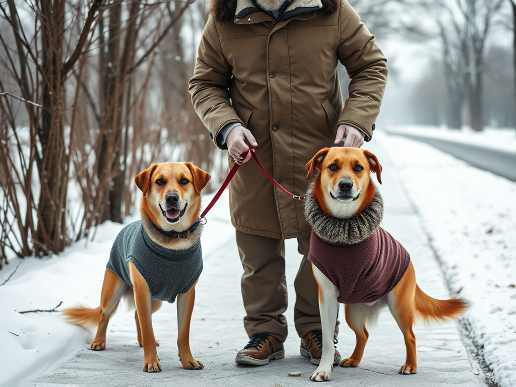 Create a realistic image of a white male dog owner bundled up in a winter coat, adjusting the leash of a medium-sized mixed breed dog wearing a dog sweater, standing on a snow-covered sidewalk with bare trees in the background, soft overcast lighting, and visible breath in the cold air.