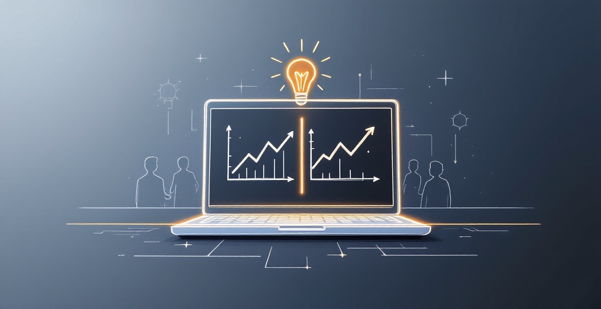 Minimalistic sketch of A/B testing concept with a split screen laptop displaying graphs and a light bulb icon.