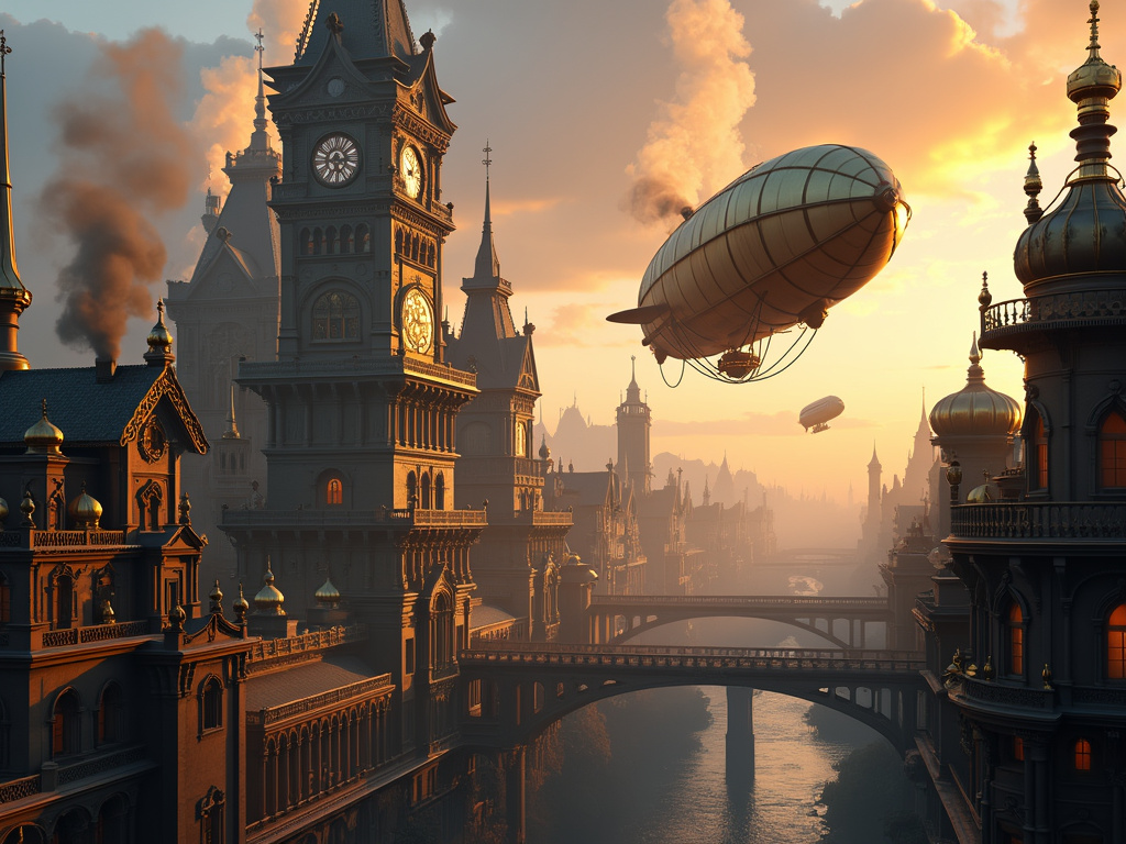 A steampunk cityscape at sunset, with towering clockwork structures, airships floating between buildings, and steam billowing from intricate brass pipes