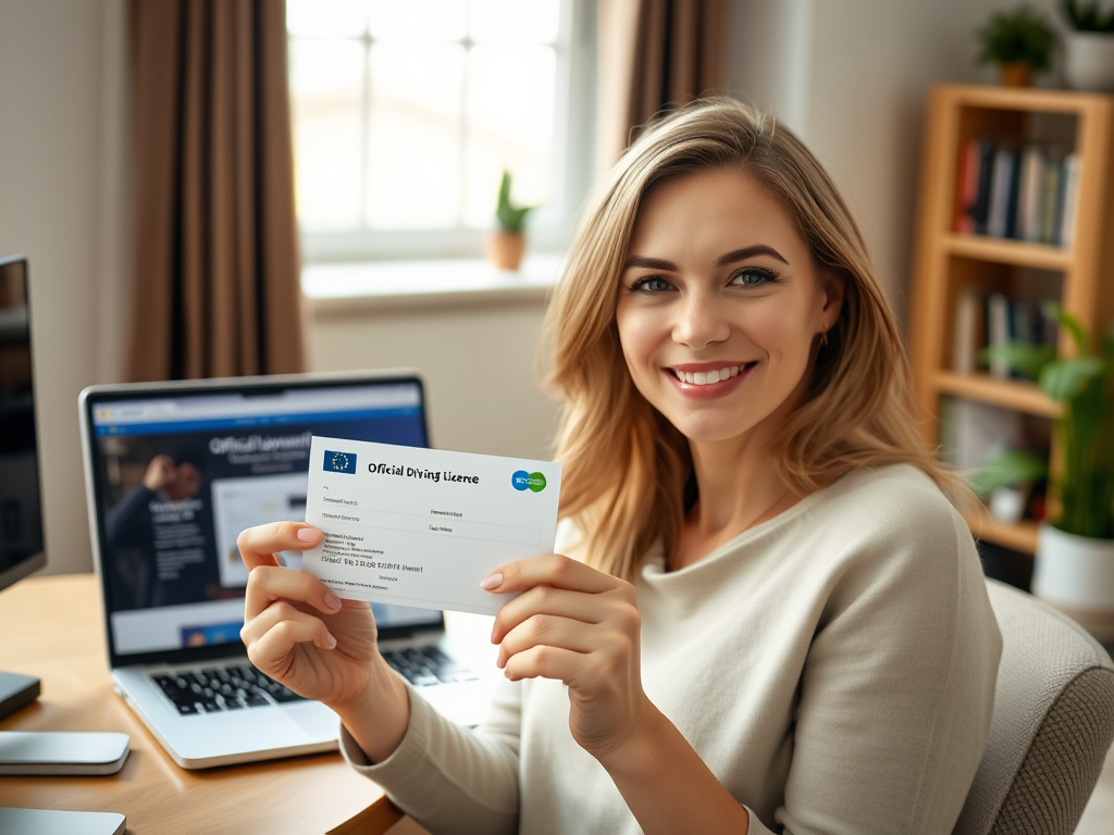 Create a realistic image of a smiling white female holding a newly customized driving licence in her hand, with a laptop displaying an official government website in the background, soft natural lighting coming from a nearby window, and a home office setting with a desk and bookshelf visible.