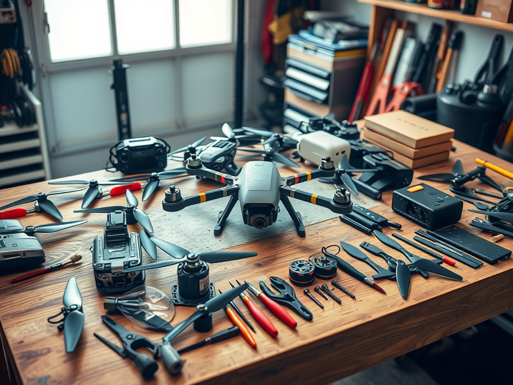 Create a realistic image of a workbench covered with various drone parts including propellers, motors, flight controllers, and frames, along with tools like screwdrivers and pliers, all neatly organized and labeled, with a partially assembled drone in the center, set against a bright garage or workshop background.