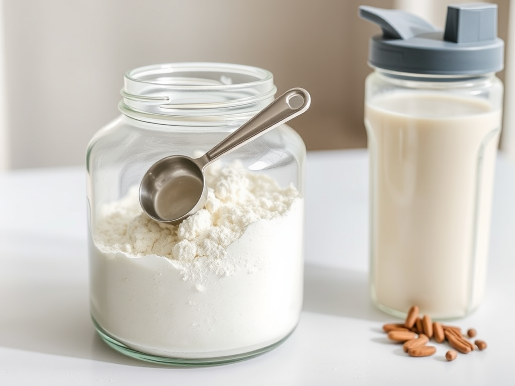 Create a realistic image of a transparent glass container filled with white whey protein powder, with a metal scoop resting on top, next to a shaker bottle containing a light-colored protein shake, all placed on a clean, white surface with soft, natural lighting to highlight the texture of the powder and the smoothness of the shake.