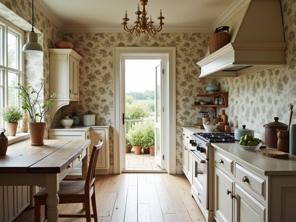 Elevate Your Space: French Provincial Kitchen with Luxurious Toile Wallpaper