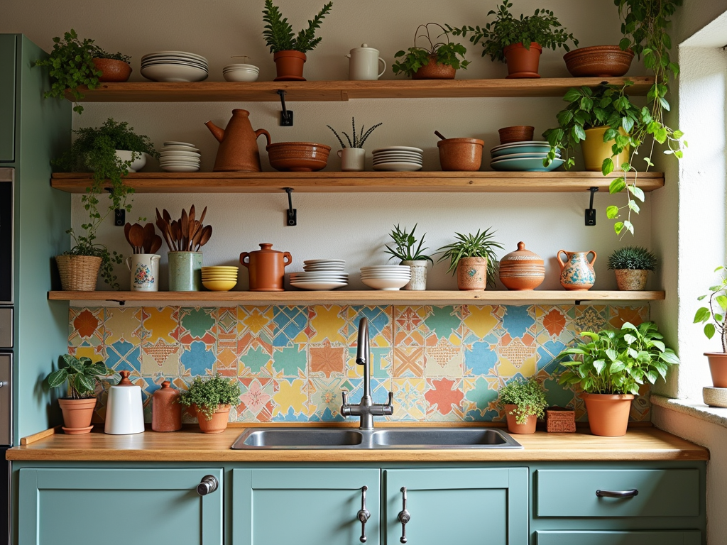 Bohemian Bliss: Shabby Chic Kitchen with Colorful Tiles